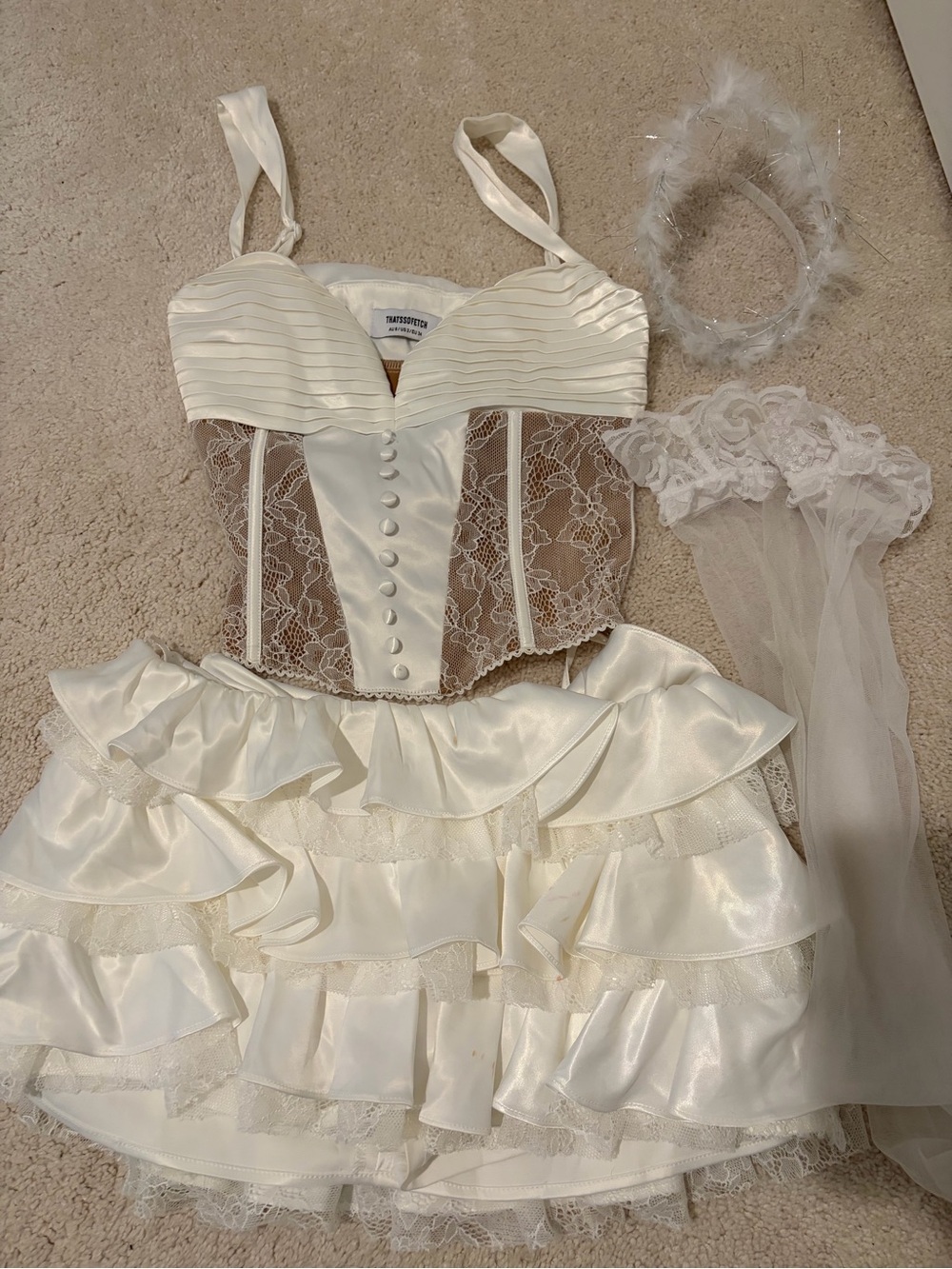 Angel Halloween Costume - Ivory Satin Lace Corset Top & Ruffle Skirt Set
